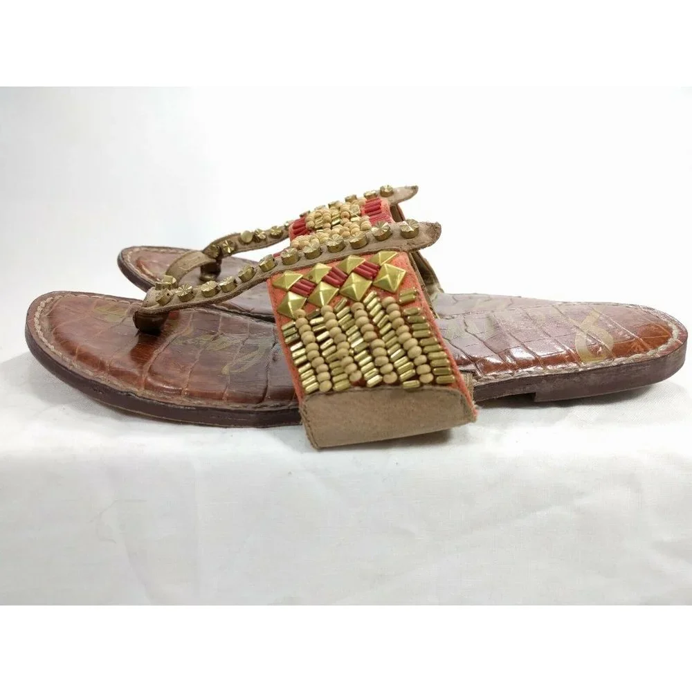 SAM EDELMAN Gideon Beaded Toe Ring Sandals Size US 7.5 M Natural Multi Red Gold